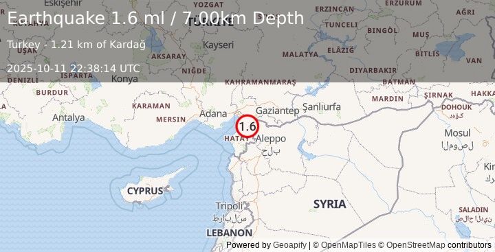 Earthquake TURKEY-SYRIA BORDER REGION (1.6 ml) (2025-10-11 22:38:14 UTC)