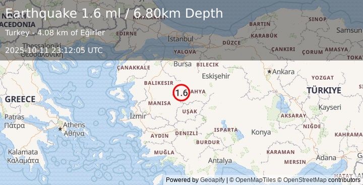 Earthquake WESTERN TURKEY (1.6 ml) (2025-10-11 23:12:05 UTC)