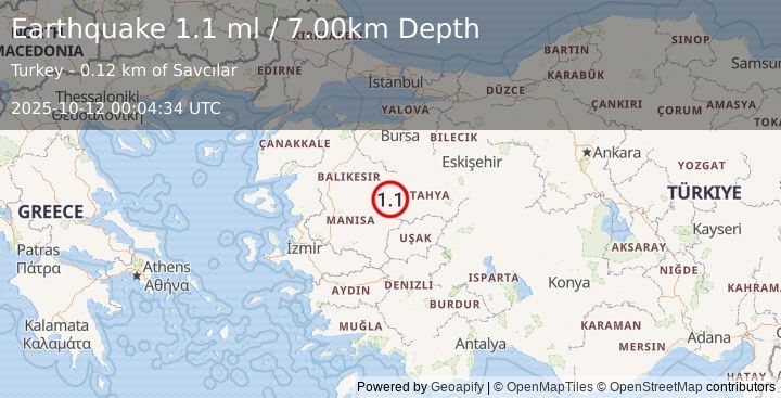 Earthquake WESTERN TURKEY (1.1 ml) (2025-10-12 00:04:34 UTC)