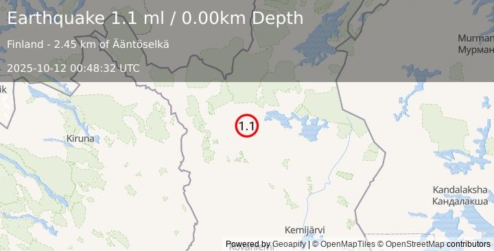 Earthquake FINLAND (1.1 ml) (2025-10-12 00:48:32 UTC)