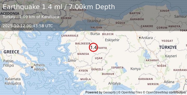 Earthquake WESTERN TURKEY (1.4 ml) (2025-10-12 00:43:58 UTC)