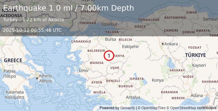 Earthquake WESTERN TURKEY (1.0 ml) (2025-10-12 00:55:46 UTC)