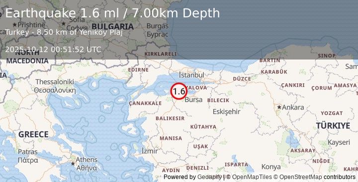 Earthquake WESTERN TURKEY (1.6 ml) (2025-10-12 00:51:52 UTC)