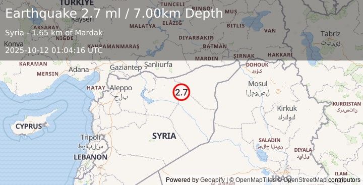 Earthquake TURKEY-SYRIA BORDER REGION (2.7 ml) (2025-10-12 01:04:16 UTC)