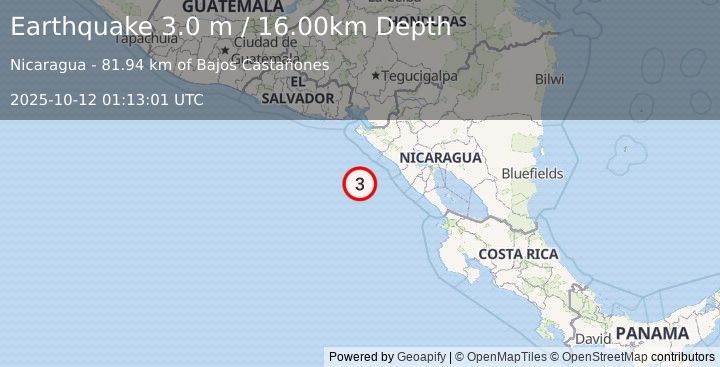 Earthquake NEAR COAST OF NICARAGUA (3.0 m) (2025-10-12 01:13:01 UTC)