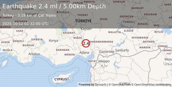 Earthquake CENTRAL TURKEY (2.4 ml) (2025-10-12 01:32:00 UTC)