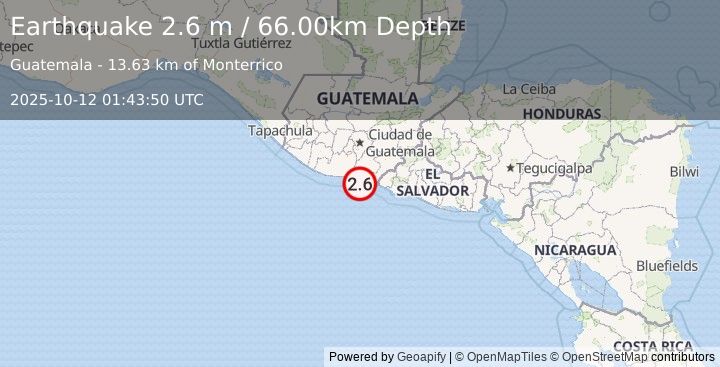 Earthquake OFFSHORE GUATEMALA (2.6 m) (2025-10-12 01:43:50 UTC)
