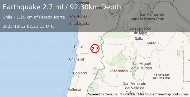 Earthquake ANTOFAGASTA, CHILE (2.7 ml) (2025-10-12 02:21:15 UTC)