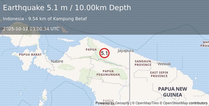 Earthquake NEAR N COAST OF PAPUA, INDONESIA (5.0 mb) (2025-10-12 03:00:35 UTC)