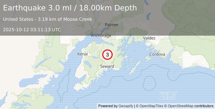 Earthquake KENAI PENINSULA, ALASKA (3.0 ml) (2025-10-12 03:11:13 UTC)