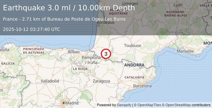Earthquake PYRENEES (3.0 ml) (2025-10-12 03:27:37 UTC)