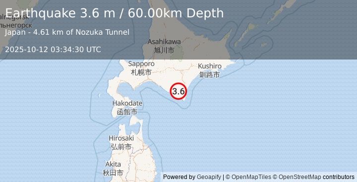 Earthquake HOKKAIDO, JAPAN REGION (3.6 m) (2025-10-12 03:34:30 UTC)