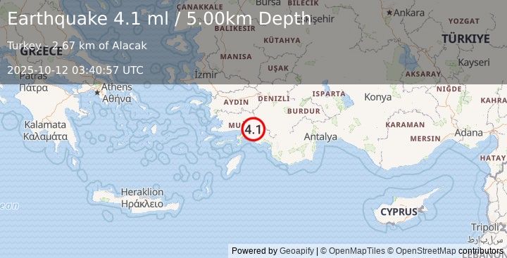 Earthquake WESTERN TURKEY (4.1 ml) (2025-10-12 03:40:58 UTC)