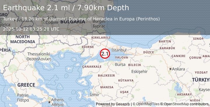 Earthquake WESTERN TURKEY (2.1 ml) (2025-10-12 03:25:28 UTC)