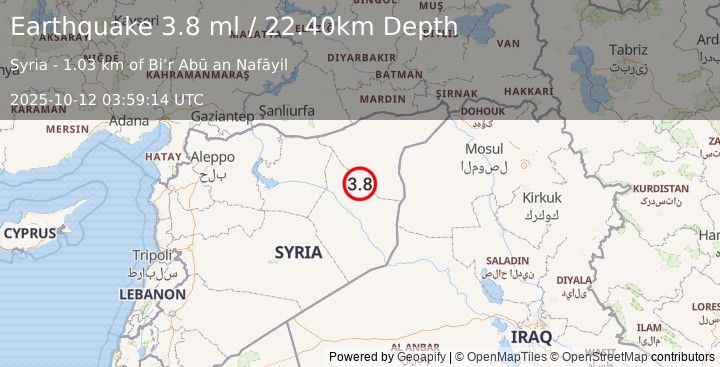 Earthquake SYRIA (3.8 ml) (2025-10-12 03:59:14 UTC)