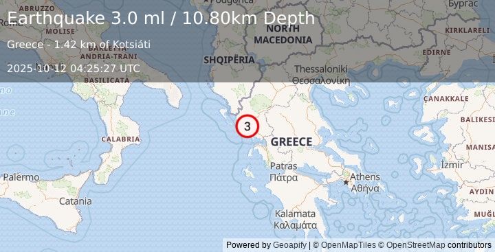 Earthquake GREECE (3.0 ml) (2025-10-12 04:25:27 UTC)