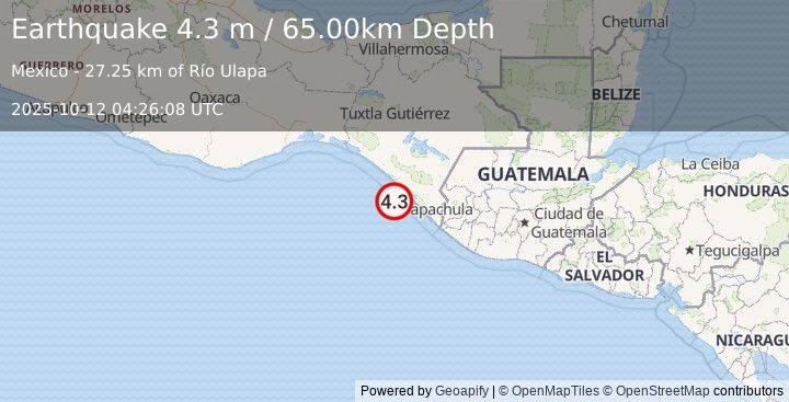 Earthquake OFFSHORE CHIAPAS, MEXICO (4.3 m) (2025-10-12 04:26:08 UTC)