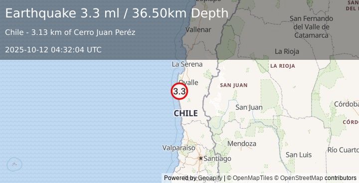 Earthquake COQUIMBO, CHILE (3.3 ml) (2025-10-12 04:32:04 UTC)