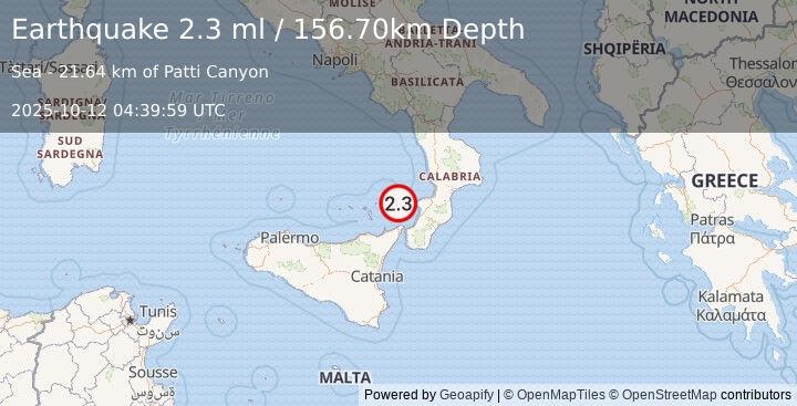 Earthquake SICILY, ITALY (2.3 ml) (2025-10-12 04:39:59 UTC)