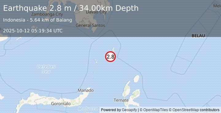 Earthquake KEPULAUAN TALAUD, INDONESIA (2.8 m) (2025-10-12 05:19:34 UTC)