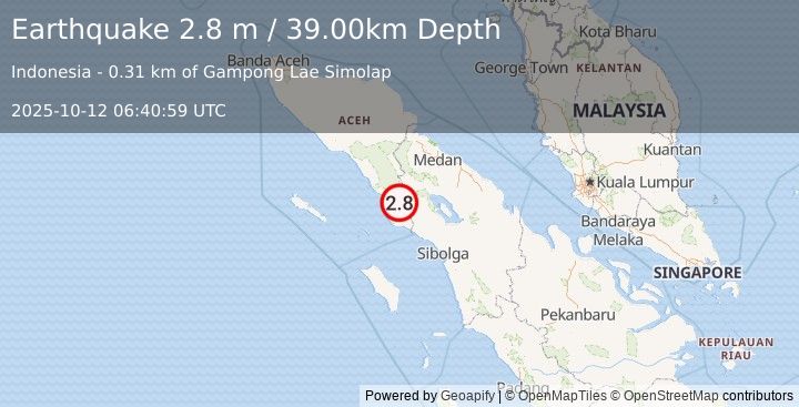 Earthquake NORTHERN SUMATRA, INDONESIA (2.8 m) (2025-10-12 06:40:59 UTC)
