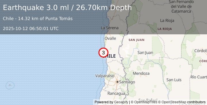Earthquake OFFSHORE COQUIMBO, CHILE (3.0 ml) (2025-10-12 06:50:01 UTC)