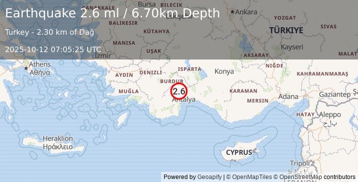 Earthquake WESTERN TURKEY (2.6 ml) (2025-10-12 07:05:25 UTC)