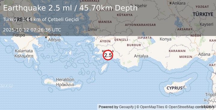 Earthquake DODECANESE IS.-TURKEY BORDER REG (2.4 ml) (2025-10-12 07:26:37 UTC)