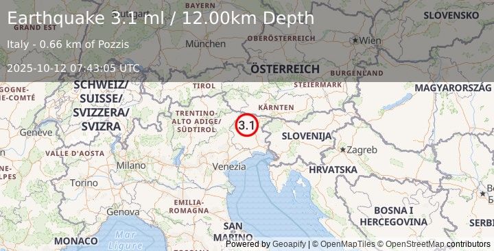 Earthquake NORTHERN ITALY (3.1 ml) (2025-10-12 07:43:05 UTC)
