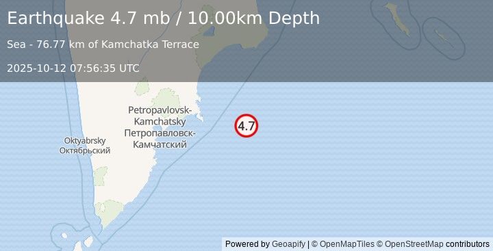 Earthquake OFF EAST COAST OF KAMCHATKA (4.7 mb) (2025-10-12 07:56:35 UTC)