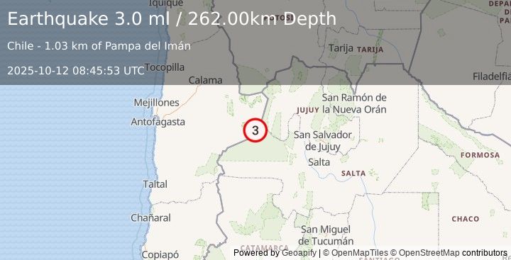 Earthquake ANTOFAGASTA, CHILE (3.0 ml) (2025-10-12 08:45:53 UTC)