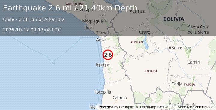 Earthquake TARAPACA, CHILE (2.6 ml) (2025-10-12 09:13:08 UTC)