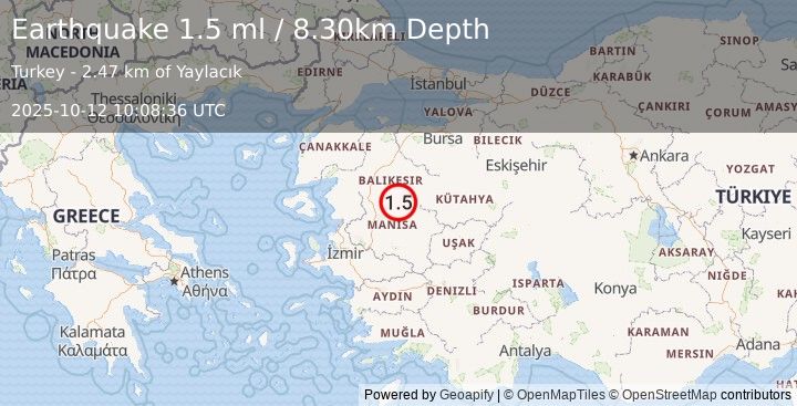 Earthquake WESTERN TURKEY (1.5 ml) (2025-10-12 10:08:36 UTC)