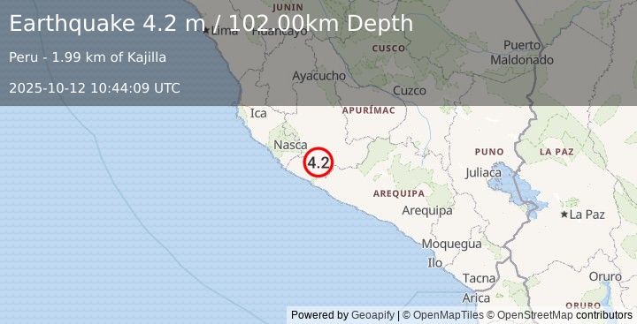 Earthquake NEAR COAST OF SOUTHERN PERU (4.2 m) (2025-10-12 10:44:09 UTC)