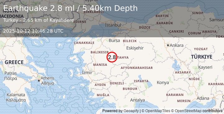 Earthquake WESTERN TURKEY (2.8 ml) (2025-10-12 10:46:28 UTC)