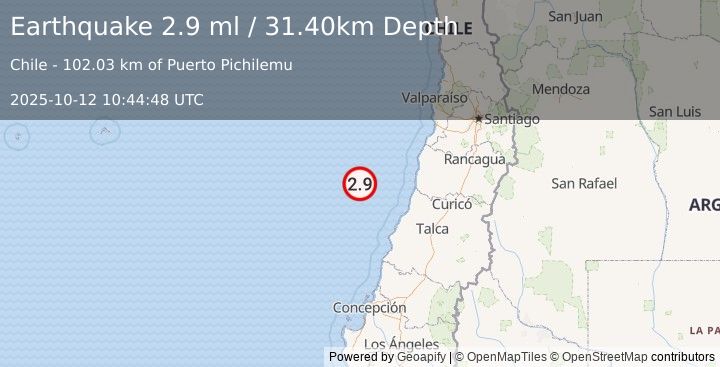 Earthquake OFF COAST OF O'HIGGINS, CHILE (2.9 ml) (2025-10-12 10:44:48 UTC)