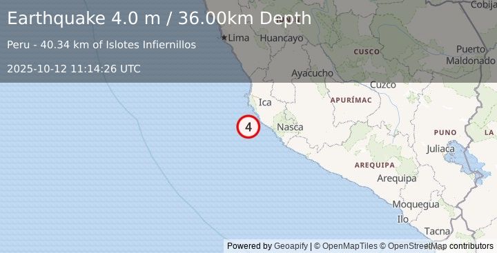 Earthquake NEAR COAST OF CENTRAL PERU (4.0 m) (2025-10-12 11:14:26 UTC)