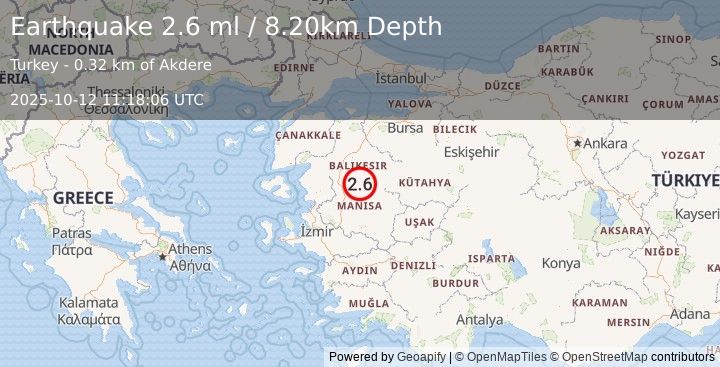 Earthquake WESTERN TURKEY (2.6 ml) (2025-10-12 11:18:06 UTC)