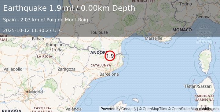 Earthquake PYRENEES (1.9 ml) (2025-10-12 11:30:27 UTC)