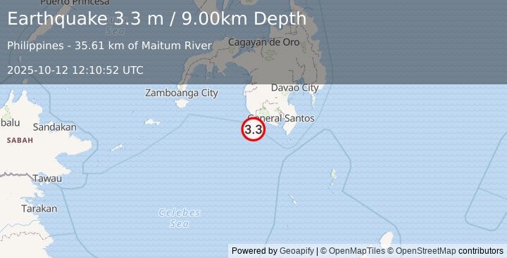 Earthquake MINDANAO, PHILIPPINES (3.3 m) (2025-10-12 12:10:52 UTC)