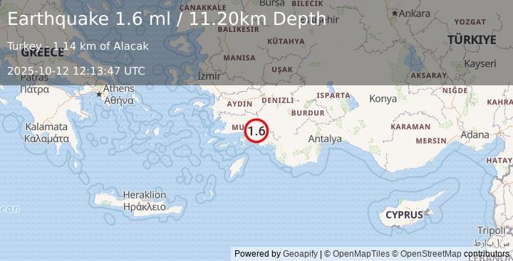 Earthquake WESTERN TURKEY (1.6 ml) (2025-10-12 12:13:44 UTC)