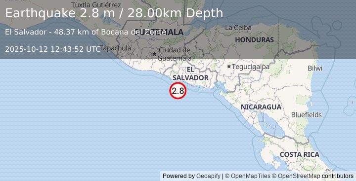 Earthquake OFFSHORE EL SALVADOR (2.8 m) (2025-10-12 12:43:52 UTC)