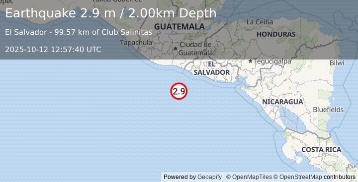 Earthquake OFFSHORE EL SALVADOR (2.9 m) (2025-10-12 12:57:40 UTC)