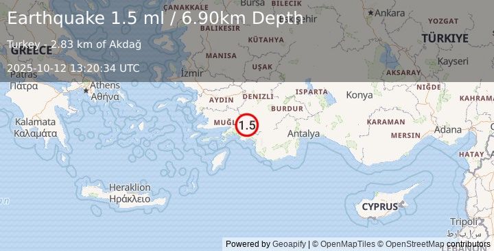 Earthquake WESTERN TURKEY (1.5 ml) (2025-10-12 13:20:34 UTC)