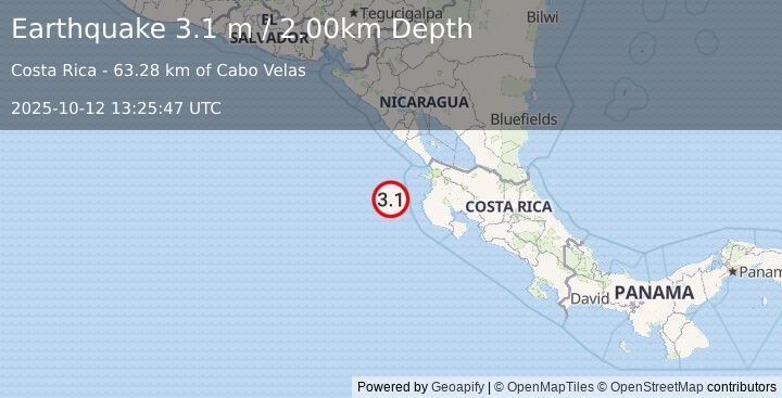 Earthquake OFF COAST OF COSTA RICA (3.1 m) (2025-10-12 13:25:47 UTC)
