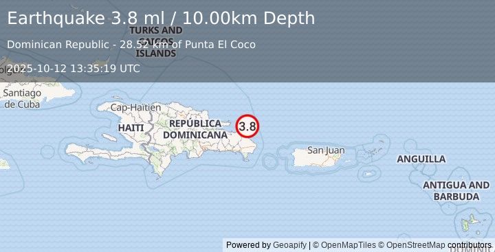 Earthquake DOMINICAN REPUBLIC REGION (3.8 ml) (2025-10-12 13:35:19 UTC)