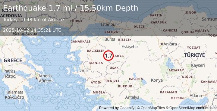Earthquake WESTERN TURKEY (1.7 ml) (2025-10-12 14:35:22 UTC)