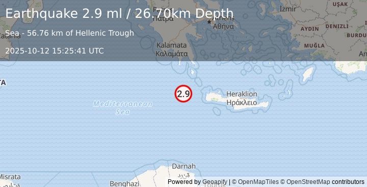 Earthquake CENTRAL MEDITERRANEAN SEA (2.9 ml) (2025-10-12 15:25:41 UTC)