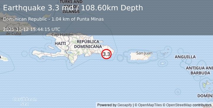Earthquake DOMINICAN REPUBLIC REGION (3.3 md) (2025-10-12 15:44:15 UTC)