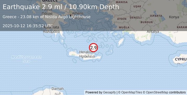 Earthquake CRETE, GREECE (2.9 ml) (2025-10-12 16:35:52 UTC)